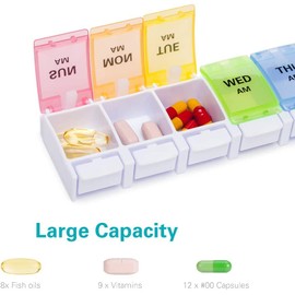 LIDOUK Weekly Pill Box Organiser | Easy to Open 2 Times a Day | Travel Tablet Box with Push Button Pop Open Design | Medication Organiser for Vitamins & Supplements (Double Row with Tray)