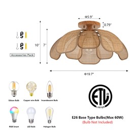 Haolaike Boho 20 Inch Rattan Flush Mount Ceiling Light Flower Light Fixtures Handwoven Lampshade Ceiling Lamp Fixture for Bedroom Kitchen Island Dining Room Living Room