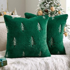 MIULEE Christmas Decorative Pillow Covers Set of 2 Faux Fur Throw Pillows with Embroidered Christmas Tree 18x18 Inch Green White Winter Couch Covers for Festival Sofa Bedroom Living Room Home Decor