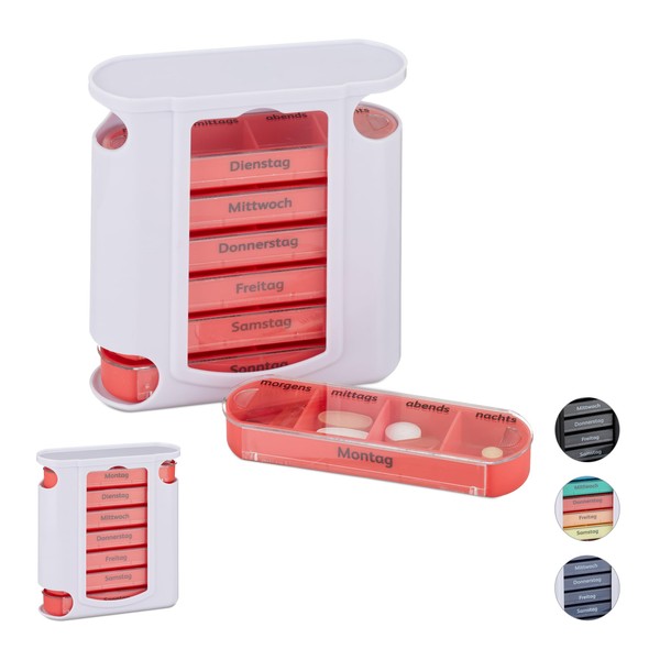 Relaxdays 2 x Pill Box 7 Days in a Set Weekly Pill Box 4 Compartments Morning Lunchtime Evening Night Pill Box White / Red