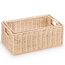 Woodluv Storage Baskets set of 2, Paper Rope Storage Boxes Bin Organiser Divider for Cupboards Drawer Closet Shelf,Wicker Woven Basket, Khakhi