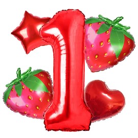 Berry First Birthday Party Supplies, 5 Pcs Foil Helium Strawberry Balloons, 32 Inch Red One Balloons For Sweet One Birthday Party Decorations, Strawberry Party Decorations for Girls, (Strawberry-1)