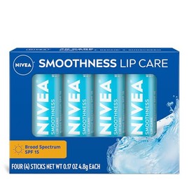NIVEA NIVEA Smoothness Lip Care, Sunscreen Lip Balm with SPF 15 Broad Spectrum, Shea Butter, Nourishing Oils and Vitamin C & E, 3-in-1 Moisture, Repair (for Dry Lips) and Sunscreen, 0.17 Oz Stick, Pack of 4