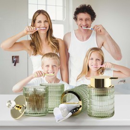 DASITON Bathroom Accessories Set,4Pcs Glass Bathroom Counter Set with Foaming Soap Dispenser,Toothbrush Holder,Bathroom Tumbler,Cotton Swab Jars, for Vanity Bathroom Decor(Green B)