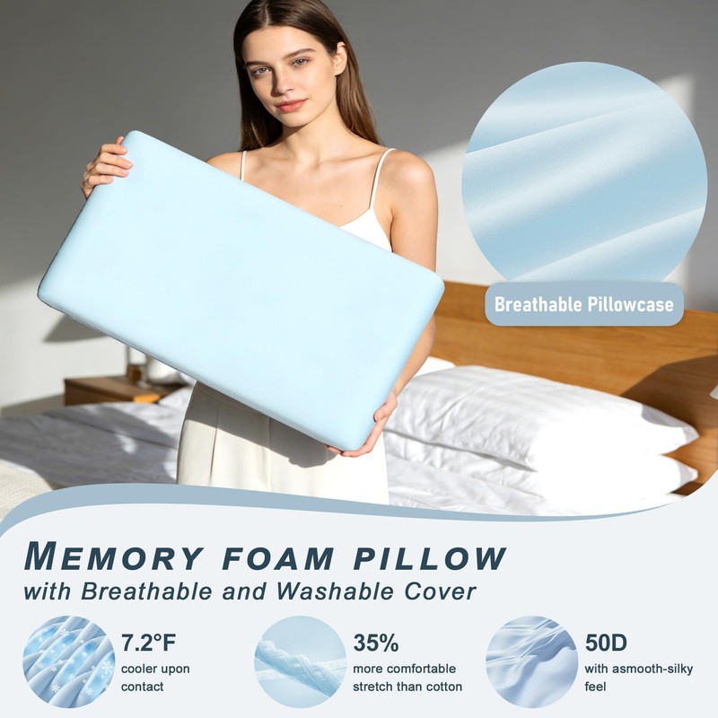 Blue Memory Foam Pillows Set of 2, Bed Pillows with