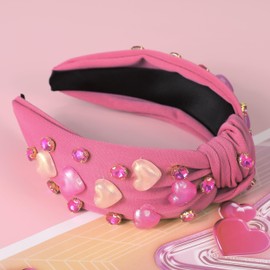 Gmmidea Valentines Knotted Headband for Women Valentine’s Day Gifts Heart Hair Accessories Rhinestone Crystal Red Pink Heart Headband Jeweled Wide Knot Hairband Galentines Day Party Favors