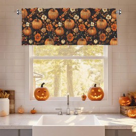 Autumn Valance Curtains for Windows Boho Thanksgiving Fall Pumpkin Floral Window Treatment Rod Pocket Short Curtains for Living Room Bedroom Bathroom Kitchen Cafe Decor,54x18IN,1 Panel