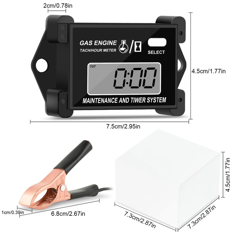 Digital Tachometer Small Engine Tach Hour Meter, Inductive Tacho Gauge,