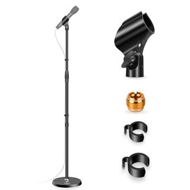 Microphone Stand Mic Floor Stand, Adjustable Height from 39" to 66" 180° Rotatable Mic Clip Heavy Duty Round Base Mic Boom Stand for Stage Studios
