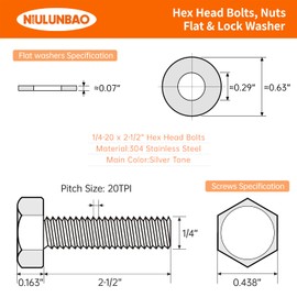 1/4-20 x 2-1/2" Hex Head Bolts Screws, Nuts, Flat and Lock Washers Assortment Kit, 304 Stainless Steel(18-8), Bright Finish, Machine Fully Thread 10Sets