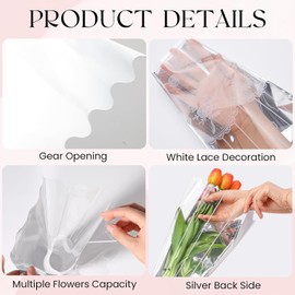 LATERN 100Pcs Flower Bouquet Bag, 45CM Plastic Flower Wrapping Bags Clear Floral Bouquet Cellophane Sleeve with Strip and Lace Decor for Birthday Wedding Valentine's Day Mother's Day (Silver back)