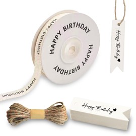 XQIGI Happy Birthday Cotton Ribbon 5/8 Inch x 10 Yard, 20Pcs Birthday Gift Tags with String Attached, Natural Twill Tape for Gift Wrapping Bouquet Crafts Baking Crafts Birthday Party Decor