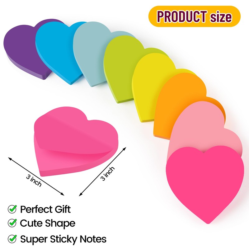 Heart Sticky Notes 3x3 in, 8 Pads, Super Cute Bright