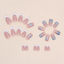 Pink Press on Nails Medium Length Fake Nails Square False Nails with Glitter Heart Designs French Tip Glue on Nails Valentine’s Day Stick on Nails White Tip Full Cover Glossy Acrylic Artificial Nails