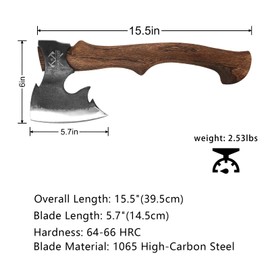 THRWCLUB 15.5" Hand Forged Hatchet, Camping Hatchet with 1065 Carbon Steel & Wooden Handle, Bushcraft Axe with Leather Sheath and Axe Sharpener, Survival Ax for Outdoor Adventures and Gardening