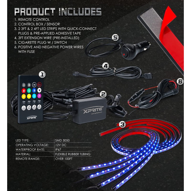 Xprite Car Underglow Neon Accent Strip Lights, 4 Pcs RGB