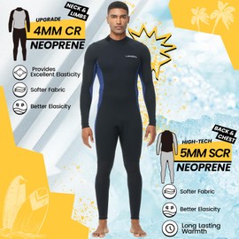 Lansru Men Wetsuit, 5/4mm Upgrade CR Neoprene Wetsuits for Men, Ideal Thermal Wet Suit in Cold Water, Back Zip for Surfing Snorkeling Diving Swimming