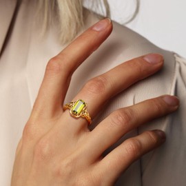 AGRULE 14K Gold Plated Celtic Knot Ring for Women Sterling Silver 2.9 Cttw Peridot Solitaire Ring Emerald Cut CZ Rings, Size 9