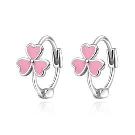Cosol Silver Lucky Clover Earrings for Teen, Sterling Pink Flower Hypoallergenic 3 Leaf Small Hoops for Women
