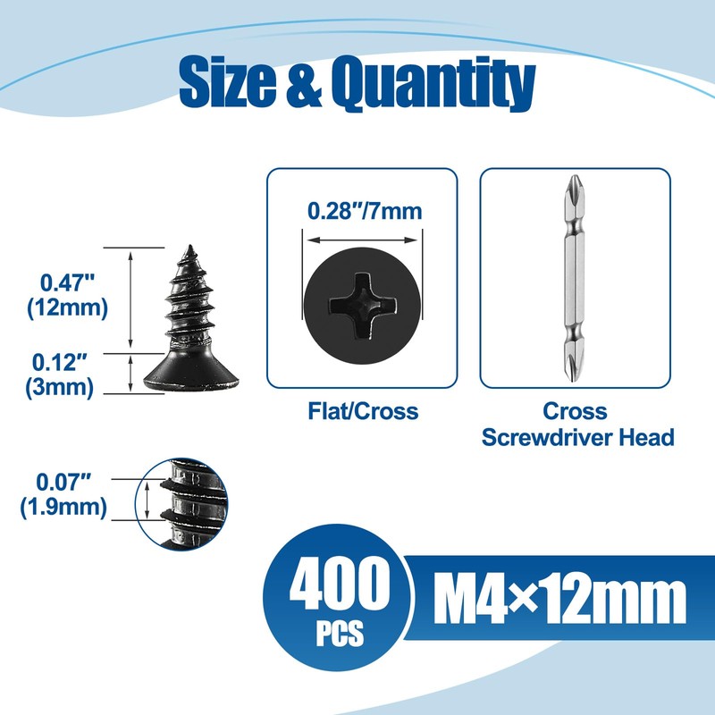 ANCHOREASE M4×12mm Wood Screw 400Pcs, Black Carbon Steel Self Tapping