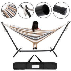 Double Hammock with Steel Stand and Portable Carrying Bag Heavy Duty 2-Person Freestanding Hammock, 620 Lbs Capacity, Khaki