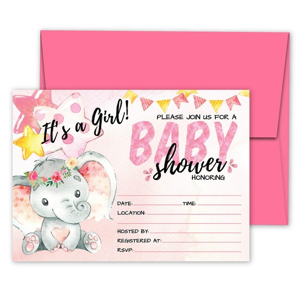 Deluxe Pink Elephant Baby Shower Invitations, Jungle, Tropical Safari Animals, Its A Girl Party Invites, 20 Large Double Sided 5 x 7" Flat Fill in Cards with Pink Envelopes