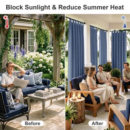 RYB HOME Outdoor Curtains for Patio Waterproof Tab Top Block Sunlight Thermal Insulated Privacy Assured Thick Outside Curtains for Porch, Pergola, Pool, W52 x L84, Stone Blue, 1 Panel