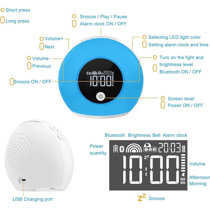 QingHong Kids Wake Up Light Alarm Clock with Bluetooth Speaker,