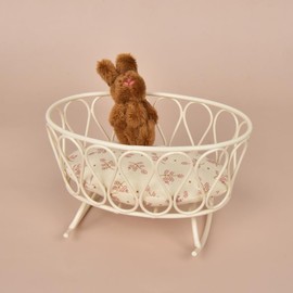 Handcrafted Iron Cradle Dollhouse Accessory with Twisted Stick Bunny – Miniature Rocking Bassinet with Floral Cushion – Perfect for Baby Dolls and Collectibles (Brown)