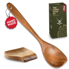 12 Inch Long Handle Teak Wooden Spoon for Cooking With Curved Corner for Complete Mixing - Comes with Large Teak Spoon Rest - This Wooden Spoons for Cooking made of Premium Natural Teak Wood