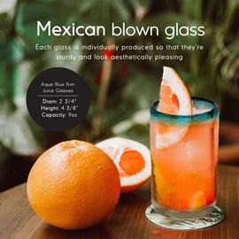 MexHandcraft Aqua Blue Rim 9 oz Juice Glasses, set of 6, Mexican Handmade Glassware, Recycled Glass, Lead & Toxin Free (Juice)