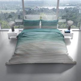 Leonado Vicenti Bed Linen Set Cotton Renforce Grey Green Striped Modern Design Duvet Cover Pillowcase Breathable with Zip 2-Piece 135 x 200 cm