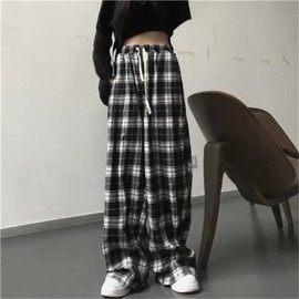 Womens Casual Plaid Baggy Jeans High Waisted Goth Grunge Pants Y2K Clothing Drawstring Pants Streetwear Black Small