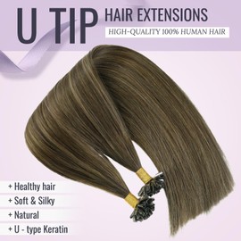 fshine Brown Nail Tip Hair Extensions 16 Inch Darkest Brown to Chestnut Brown and Brown Balayage K Tip Remy Hair Extension Bondings U Tip Pre Bonded Fusion Hair Extensions 50g/50s
