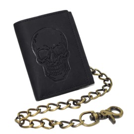 MARSHAL Genuine Leather Skull Chain Wallet for Men – Trifold RFID Blocking Biker Wallet with ID Window & Heavy-Duty Chain (Black)