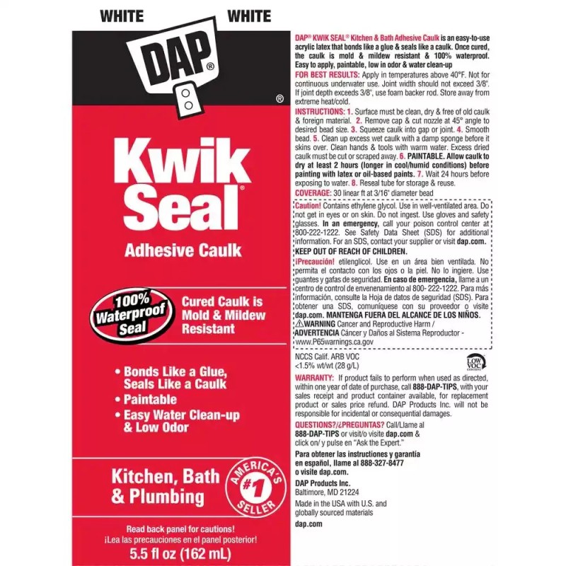 DAP Kwik Seal 5.5 oz. White Kitchen and Bath Adhesive