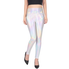 HDE Women's Shiny Holographic Leggings Liquid Metallic Pants Iridescent Tights (Holographic, Medium)
