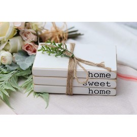 PARISLOFT Small Wooden Book Stack,Decorative Faux Book Wood Decor,Farmhouse Whitewashed Wooden Sign with Quotes-Home Sweet Home