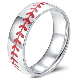 Jude Jewelers 8MM Stainless Steel Sports Baseball Ring Domed Style Simple Plain Wedding Band (Silver-Red, 6)