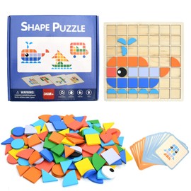 1 Set IQ Puzzle, Children's Games from 3 Years, Puzzle from 3 with 138 Wooden Blocks, 42 Pattern Drawings and 1 Wooden Grid Plate