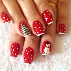 24Pcs Red Christmas Press on Nails Medium Square Fake Nails Winter Snowflake Snowman Acrylic Nails Xmas French Tip False Nails Full Cover Christmas Stick on Nails for Women Girls Nail Design Supplies