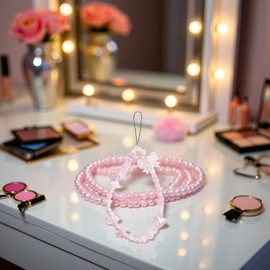 Pink Beaded Phone Charm, Phone Lanyard Mobile Pendant Hand Strap Short Rope Wrist Hand Lanyard, Cell Charms, Car Keychain