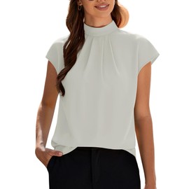 Funlingo Business Casual Tops for Women Summer Turtle Neck Chiffon Blouse Formal Tunic Dress Shirts Cap Sleeve Loose Pleated Work Outfits Grey XL