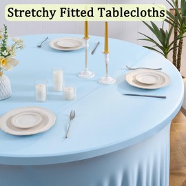 6 Pack Spandex Baby Blue Round Tablecloths for 72in Table, 132inch Stretchy Fitted 6FT Round Table Cloths, Wrinkle Free Light Blue Table Cover with Skirt for Wedding Birthday Party Baby Shower Banquet