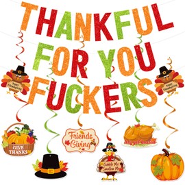 TFYFTZ Glitter Thankful for You Banner, Friendsgiving Decorations, Thanksgiving Party Decorations for Mantel Fire Place, Friendsgiving Hanging Swirls, Indoor Home Office Friendsgiving Decorations