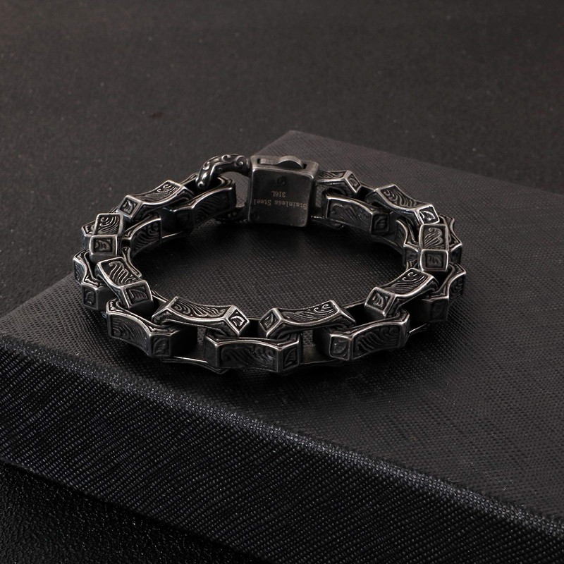 Klapgo Wave Engraved Chain Men's Stainless Steel Bracelet Black