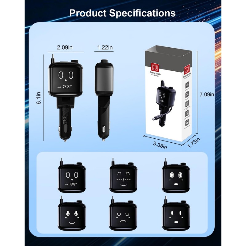 3-in-1 Retractable Car Charger with Funny Expression Light Voltage Display