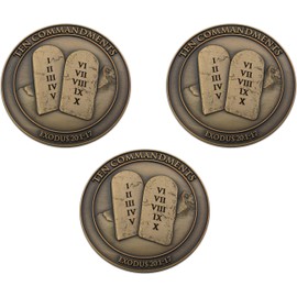 Ten Commandments Coin, Bulk Pack of 3, I Am The Lord Your God, Exodus 20:1-7, Memory Verse Pocket Token, Antique Gold Plated Challenge Coin, Handout for Sunday School or Bible Study