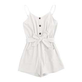 GAMISOTE Girls Romper Strappy Sleeveless Button Tie Front Jumpsuit With Pockets White
