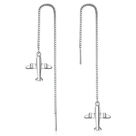 Rockyu Women's 925 Silver Earrings, Airplane Motif, Long Chain Earrings, For Both Ears, Individuality, Simple, Travel, Gift